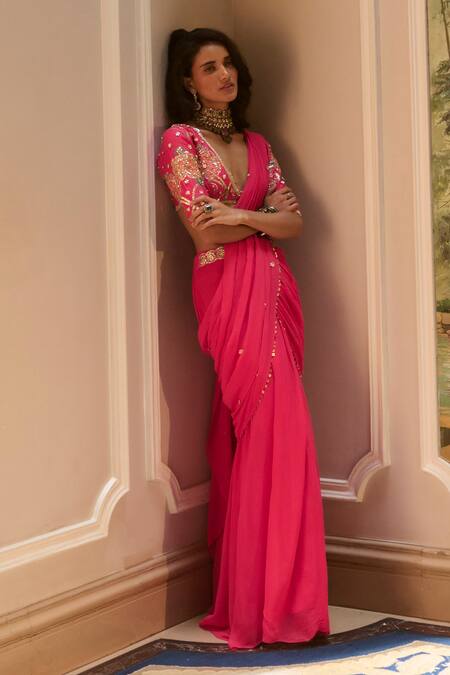Buy_Paulmi And Harsh_Pink Chiffon Embroidery V-neck Hot Pre-draped Saree Set _Online_at_Aza_Fashions