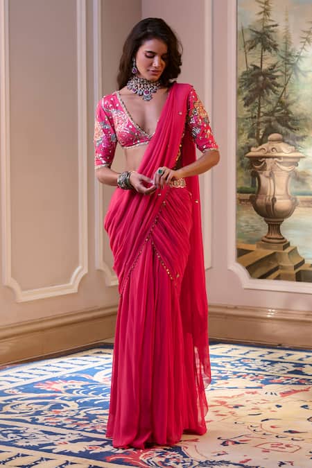 Shop_Paulmi And Harsh_Pink Chiffon Embroidery V-neck Hot Pre-draped Saree Set _Online_at_Aza_Fashions