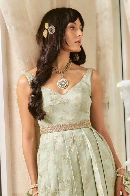 Paulmi And Harsh_Mint Shantoon, Jacquard Zari V-neck Green Pleated Gown With Belt _Online_at_Aza_Fashions