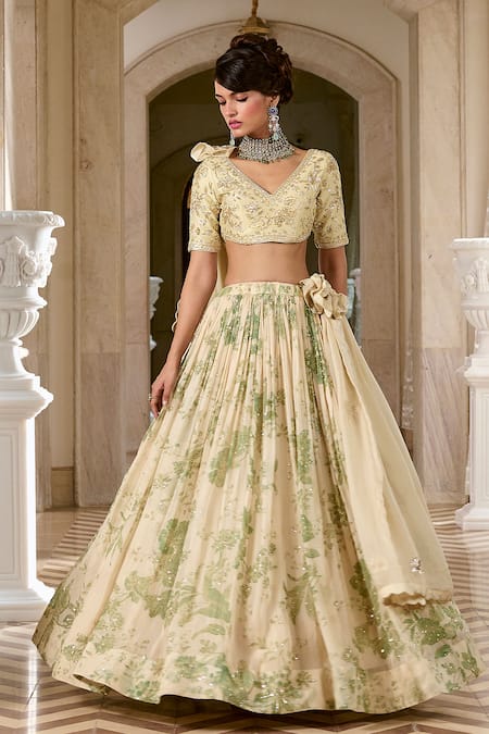 Paulmi And Harsh Ivory Organza, Shantoon Embroidery, Tassels V-neck Printed Lehenga Set 