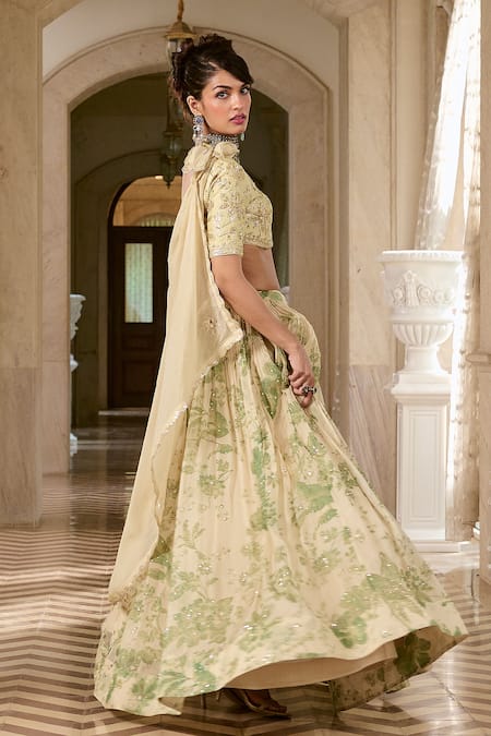 Paulmi And Harsh_Ivory Organza, Shantoon Embroidery, Tassels V-neck Printed Lehenga Set _Online_at_Aza_Fashions