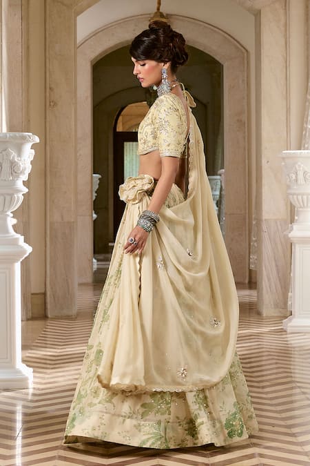 Buy_Paulmi And Harsh_Ivory Organza, Shantoon Embroidery, Tassels V-neck Printed Lehenga Set _Online_at_Aza_Fashions