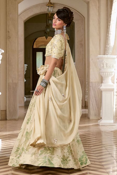 Shop_Paulmi And Harsh_Ivory Organza, Shantoon Embroidery, Tassels V-neck Printed Lehenga Set _Online_at_Aza_Fashions