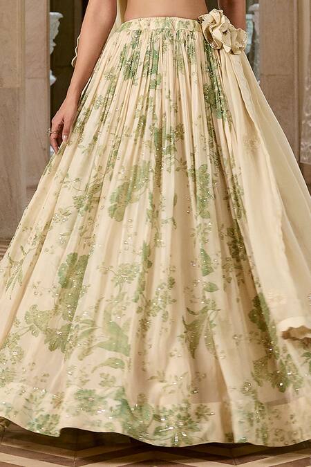 Paulmi And Harsh_Ivory Organza, Shantoon Embroidery, Tassels V-neck Printed Lehenga Set _at_Aza_Fashions