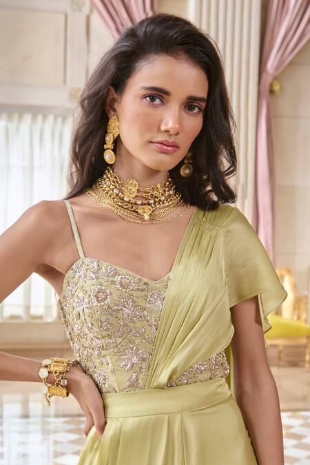 Buy_Paulmi And Harsh_Green Jacquard, Shantoon, Satin Zari Pista Corset Blouse And Pre-draped Saree _Online_at_Aza_Fashions