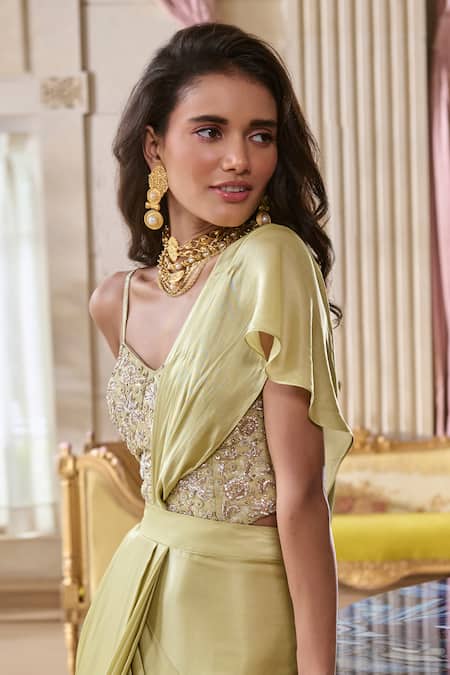 Shop_Paulmi And Harsh_Green Jacquard, Shantoon, Satin Zari Pista Corset Blouse And Pre-draped Saree _Online_at_Aza_Fashions