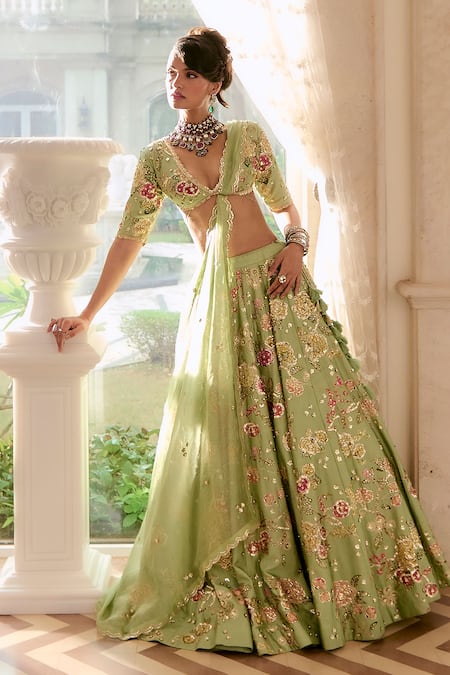 Paulmi And Harsh_Green Organza Embroidery V-neck Floral Sage Lehenga Set _Online_at_Aza_Fashions