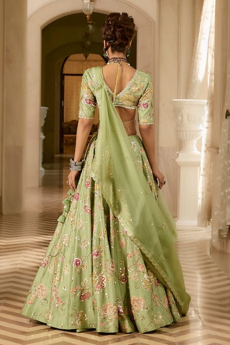Paulmi And Harsh Floral Embroidered Sage Green Lehenga Set 
