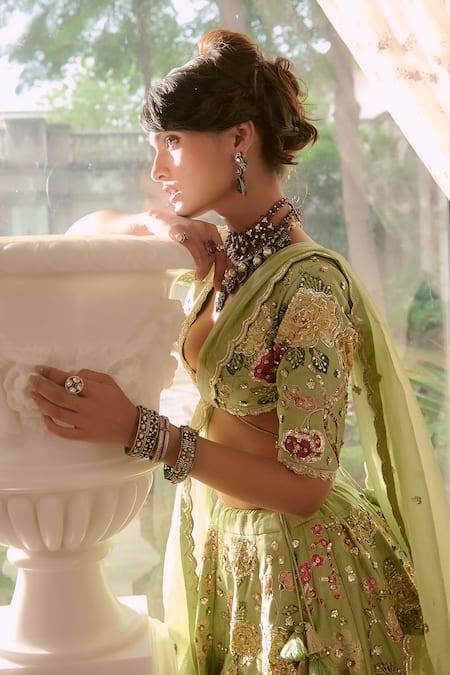 Shop_Paulmi And Harsh_Green Organza Embroidery V-neck Floral Sage Lehenga Set _Online_at_Aza_Fashions