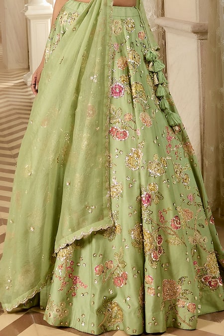 Paulmi And Harsh_Green Organza Embroidery V-neck Floral Sage Lehenga Set _at_Aza_Fashions