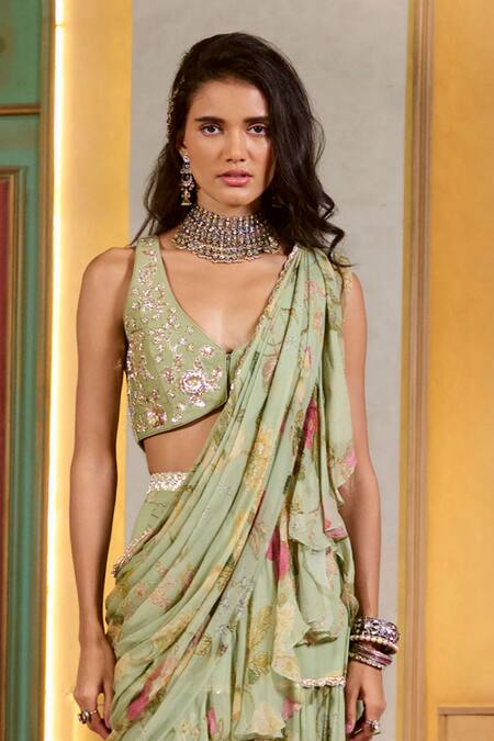 Paulmi And Harsh_Green Chiffon Embroidery V-neck Sage Pre-draped Ruffle Saree Set _Online_at_Aza_Fashions