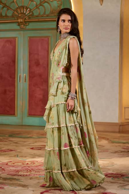 Buy_Paulmi And Harsh_Green Chiffon Embroidery V-neck Sage Pre-draped Ruffle Saree Set _Online_at_Aza_Fashions