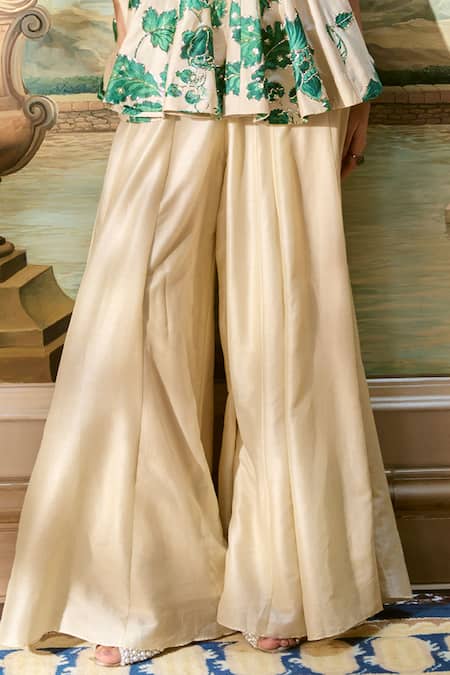 Paulmi And Harsh_Ivory Embroidery Square Neck Floral Peplum Top And Palazzo Set _Online_at_Aza_Fashions