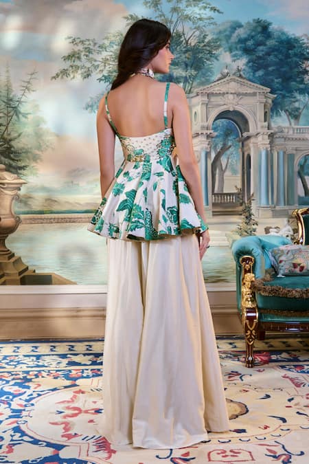 Shop_Paulmi And Harsh_Ivory Embroidery Square Neck Floral Peplum Top And Palazzo Set _at_Aza_Fashions