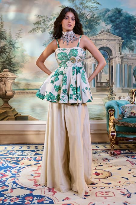 Paulmi And Harsh Ivory Embroidery Square Neck Floral Peplum Top And Palazzo Set