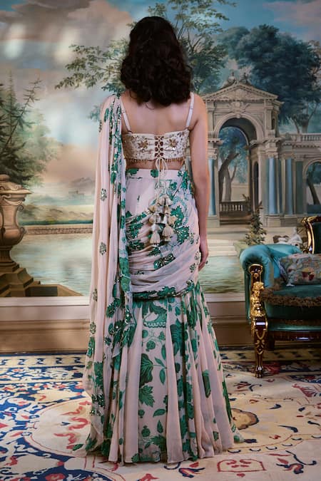 Paulmi And Harsh Ivory Floral Pre-Draped Saree Set 