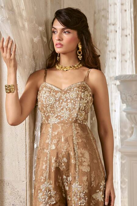 Paulmi And Harsh_Brown Jacquard, Shantoon Embroidery Sweetheart Neck Mocha Zardozi Jumpsuit _Online_at_Aza_Fashions