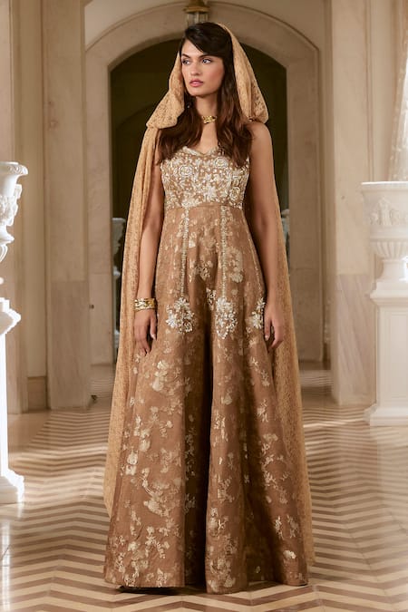 Paulmi And Harsh Brown Jacquard, Shantoon Embroidery Sweetheart Neck Mocha Zardozi Jumpsuit