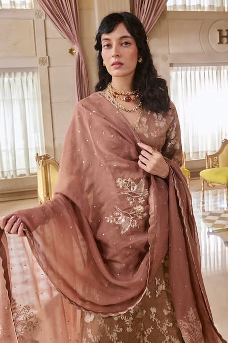 Shop Paulmi And Harsh Brown Jacquard, Organza Sequins V-neck Kurta Pant Set Online at Aza Fashions Shop_Paulmi And Harsh_Brown Jacquard, Organza Sequins V-neck Kurta Pant Set _Online_at_Aza_Fashions