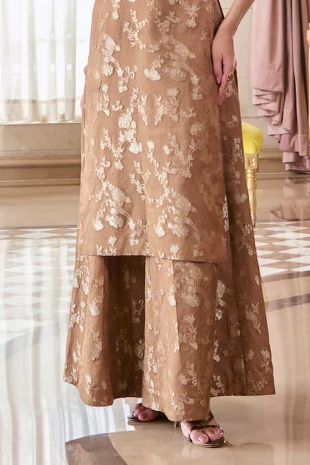 Paulmi And Harsh_Brown Jacquard V-neck Mocha Kurta And Palazzo Set _Online_at_Aza_Fashions