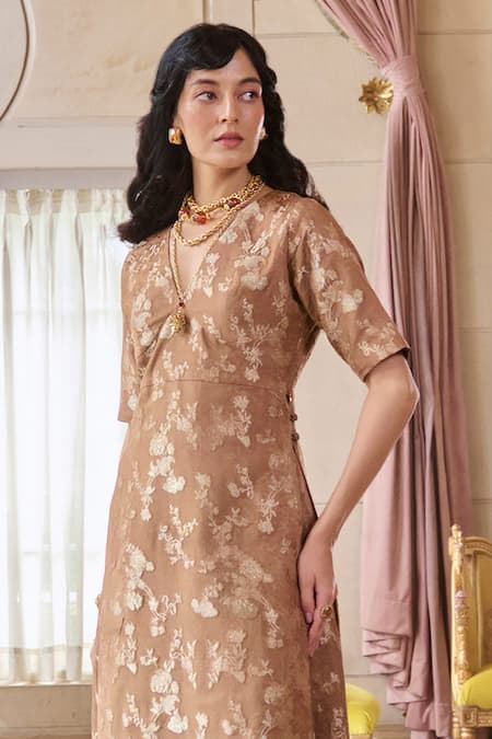 Buy_Paulmi And Harsh_Brown Jacquard V-neck Mocha Kurta And Palazzo Set _Online_at_Aza_Fashions