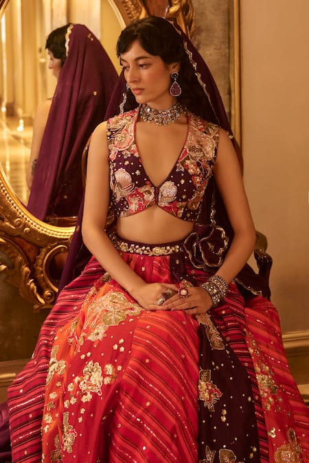 Buy_Paulmi And Harsh_Wine Organza Sequins, Zari V-neck Multi Color Hand Embroidered Lehenga Set _Online_at_Aza_Fashions