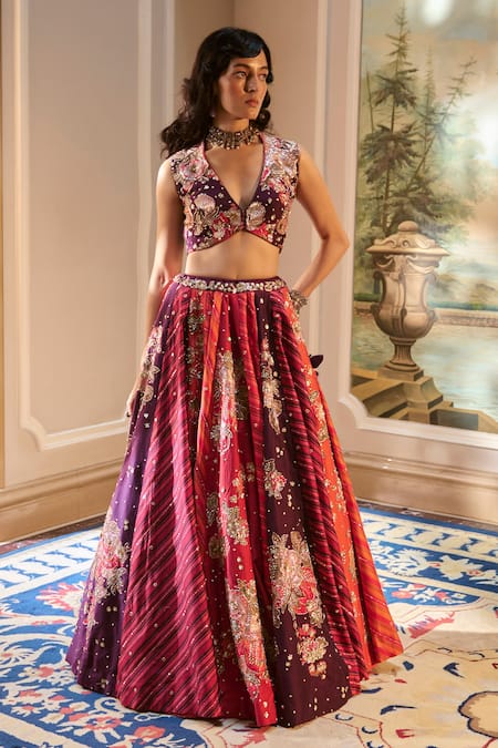 Shop_Paulmi And Harsh_Wine Organza Sequins, Zari V-neck Multi Color Hand Embroidered Lehenga Set _Online_at_Aza_Fashions