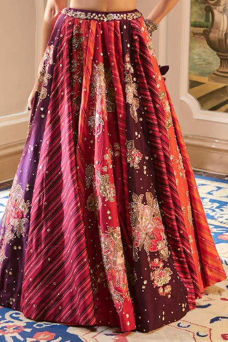 Paulmi And Harsh_Wine Organza Sequins, Zari V-neck Multi Color Hand Embroidered Lehenga Set _at_Aza_Fashions