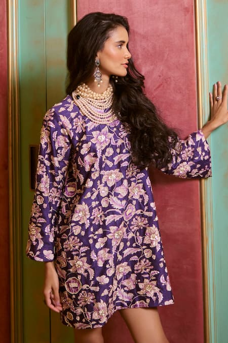 Buy_Paulmi And Harsh_Purple Round Neck Floral Embroidered Short Dress _Online_at_Aza_Fashions