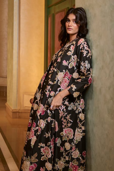 Shop_Paulmi And Harsh_Black Georgette Embroidery, Zari V-neck Jacket And Palazzo Set _Online_at_Aza_Fashions