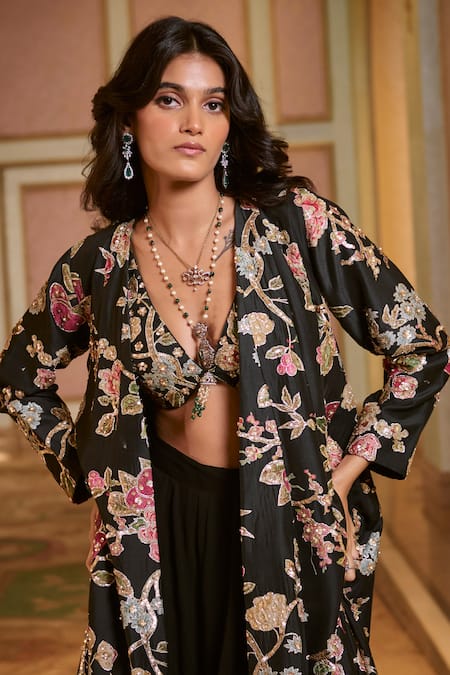 Paulmi And Harsh_Black Georgette Embroidery, Zari V-neck Jacket And Palazzo Set _at_Aza_Fashions