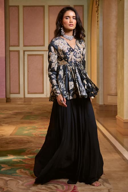 Paulmi And Harsh_Blue Georgette Embroidery, Tassels V-neck Floral Peplum Top And Palazzo Set _Online_at_Aza_Fashions