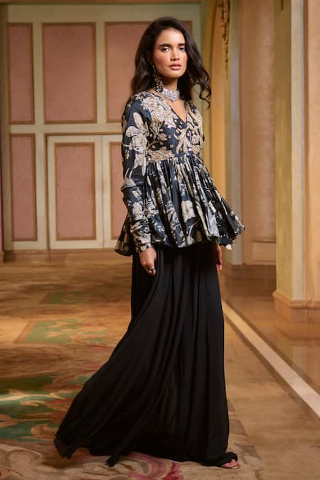 Buy_Paulmi And Harsh_Blue Georgette Embroidery, Tassels V-neck Floral Peplum Top And Palazzo Set _Online_at_Aza_Fashions