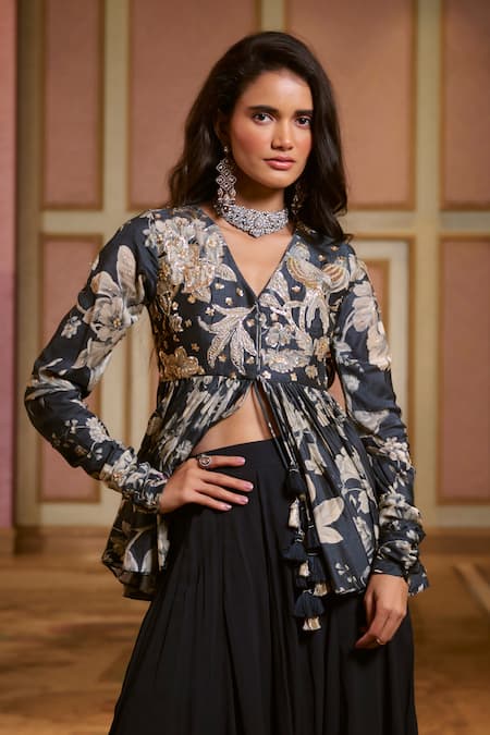 Shop_Paulmi And Harsh_Blue Georgette Embroidery, Tassels V-neck Floral Peplum Top And Palazzo Set _Online_at_Aza_Fashions