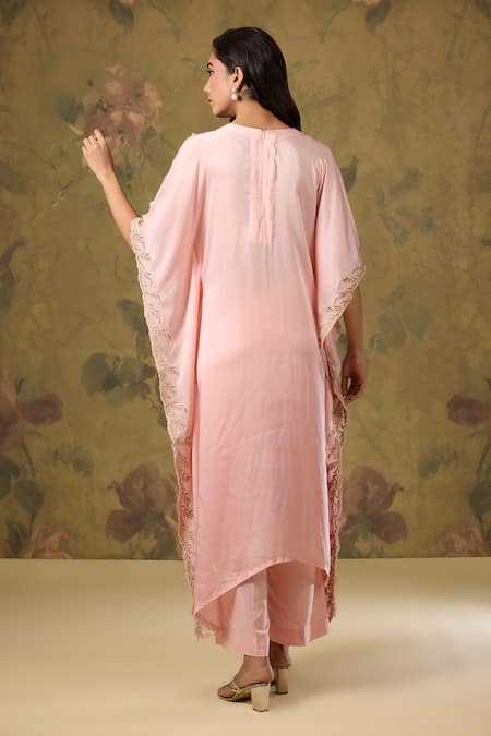 House Of TA-YA Peach Gold Zari Embroidered Kaftan Set 
