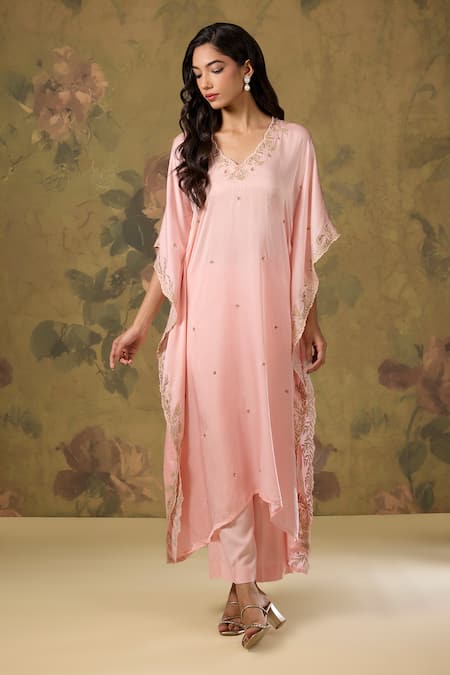 House Of TA-YA_Peach Modal, Satin Zari V-neck Gold Embroidered Kaftan Set _Online_at_Aza_Fashions