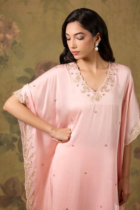 Buy_House Of TA-YA_Peach Modal, Satin Zari V-neck Gold Embroidered Kaftan Set _Online_at_Aza_Fashions