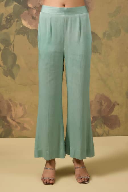 House Of TA-YA Green Modal, Satin Embroidery V-neck Top And Pant Set Online at Aza Fashions House Of TA-YA_Green Modal, Satin Embroidery V-neck Top And Pant Set _Online_at_Aza_Fashions