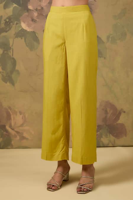 House Of TA-YA_Yellow Modal, Satin Zari V-neck Gold Embroidered Kurta Set _Online_at_Aza_Fashions