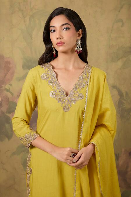Buy_House Of TA-YA_Yellow Modal, Satin Zari V-neck Gold Embroidered Kurta Set _Online_at_Aza_Fashions