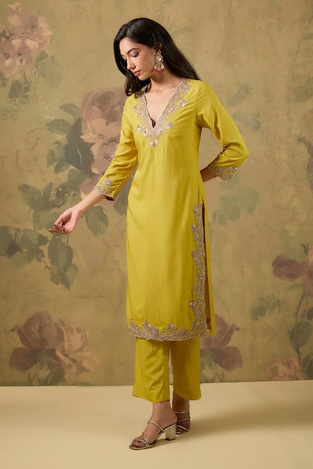 Shop_House Of TA-YA_Yellow Modal, Satin Zari V-neck Gold Embroidered Kurta Set _Online_at_Aza_Fashions