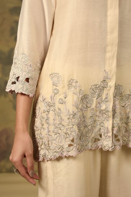 Shop_House Of TA-YA_White Chanderi Zari Collared Gold Embroidered Top And Pant Set _Online_at_Aza_Fashions