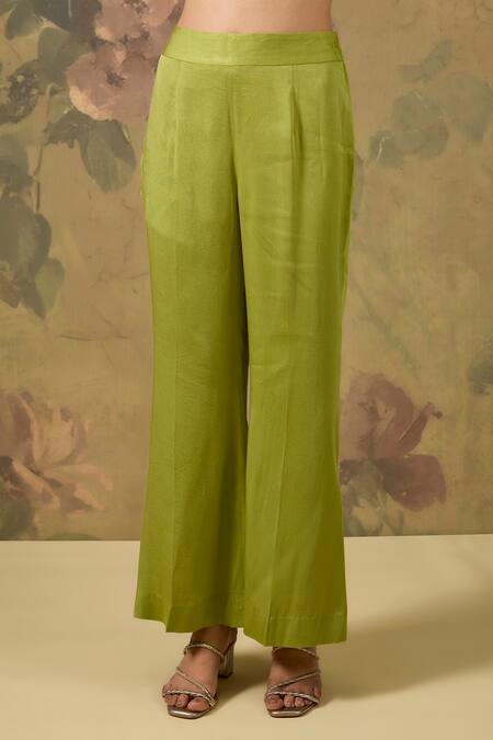 House Of TA-YA_Green Modal, Satin Embroidery Round Neck Resham Kaftan And Pant Set _Online_at_Aza_Fashions