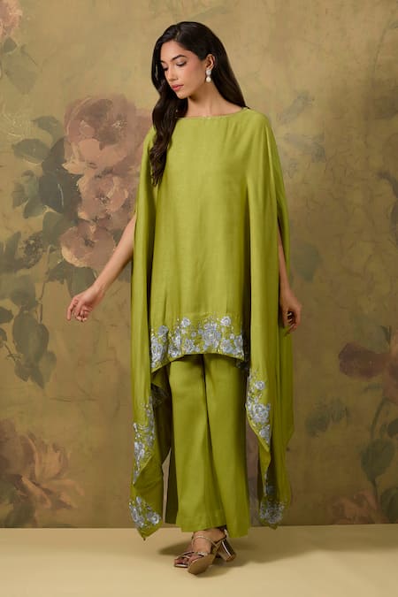 Shop_House Of TA-YA_Green Modal, Satin Embroidery Round Neck Resham Kaftan And Pant Set _Online_at_Aza_Fashions