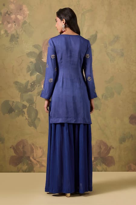 House Of TA-YA Zari Embroidered Blue Kurta Sharara Set 