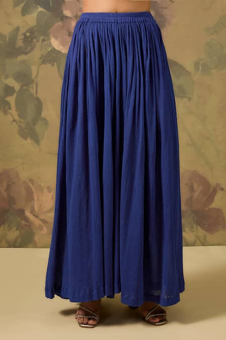 House Of TA-YA_Blue Modal, Satin Zari V-neck Embroidered Kurta Sharara Set _Online_at_Aza_Fashions