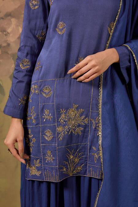 Shop_House Of TA-YA_Blue Modal, Satin Zari V-neck Embroidered Kurta Sharara Set _Online_at_Aza_Fashions