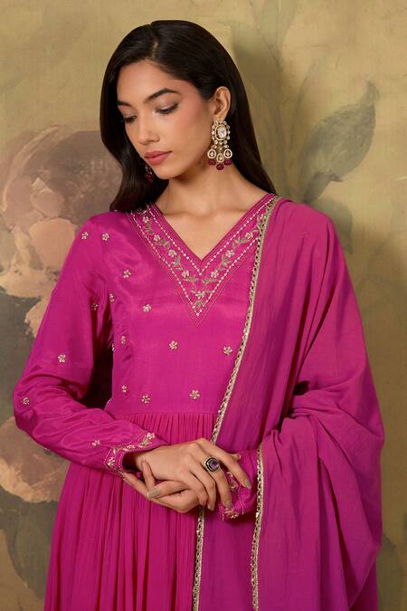 Buy_House Of TA-YA_Pink Cotton Sequins V-neck Kurta Chudidar Set _Online_at_Aza_Fashions