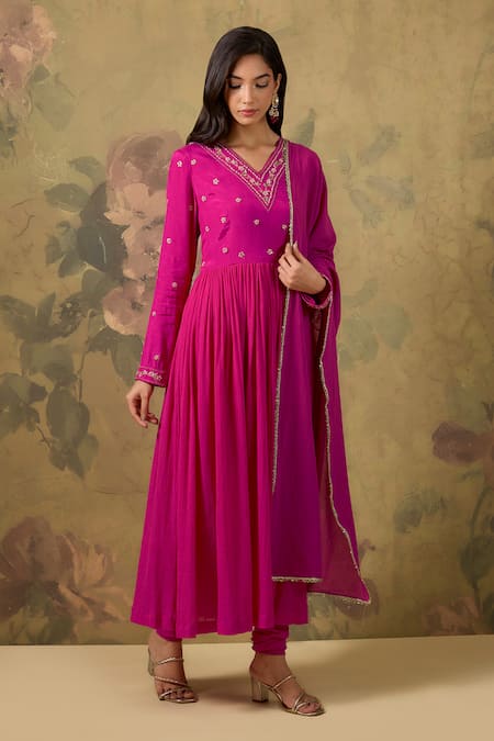 Shop_House Of TA-YA_Pink Cotton Sequins V-neck Kurta Chudidar Set _Online_at_Aza_Fashions
