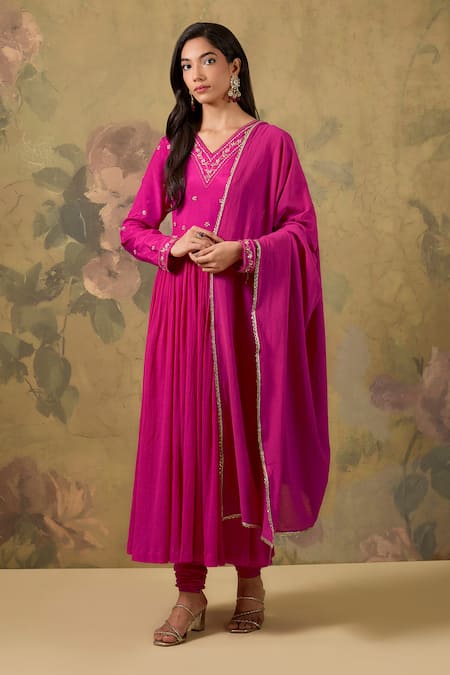 House Of TA-YA Pink Cotton Sequins V-neck Kurta Chudidar Set 